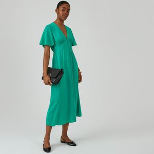 Wijd uitlopende jurk, V-hals LA REDOUTE COLLECTIONS. Polyester materiaal. Maten 48 FR - 46 EU. Groen kleur