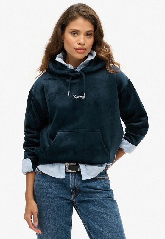 Wijde hoodie in fluweel Country Club SUPERDRY. Polyester materiaal. Maten 34 FR - 32 EU. Blauw kleur