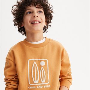 Sweater in molton met ronde hals en surfboardmotief LA REDOUTE COLLECTIONS. Geruwd molton materiaal. Maten 5 jaar - 108 cm. Geel kleur