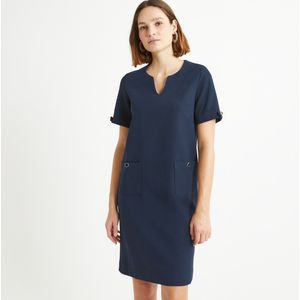 Rechte jurk, halflang, korte mouwen ANNE WEYBURN. Polyester materiaal. Maten 52 FR - 50 EU. Blauw kleur