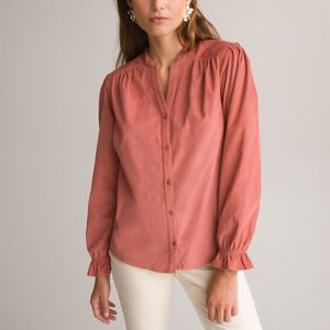 Blouse in fluweel, Maokraag, lange mouwen ANNE WEYBURN. Katoen materiaal. Maten 54 FR - 52 EU. Kastanje kleur