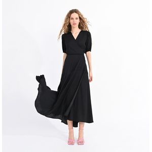 Lange jurk met wikkelhals, pofmouwen LILI SIDONIO. Viscose materiaal. Maten XS. Zwart kleur