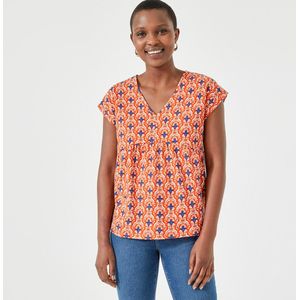 T-shirt met V-hals, korte mouwen, grafische print ANNE WEYBURN. Katoen materiaal. Maten 46/48 FR - 44/46 EU. Oranje kleur