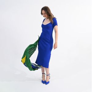 Lange jurk met vierkante hals LILI SIDONIO. Viscose materiaal. Maten S. Blauw kleur
