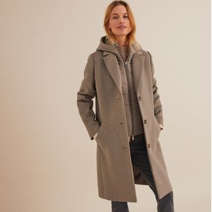 Lange jas, afneembare kap, volop winter ANNE WEYBURN. Polyester materiaal. Maten 52 FR - 50 EU. Kastanje kleur