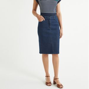 Rechte rok in stretch denim, halflang ANNE WEYBURN. Katoen materiaal. Maten 48 FR - 46 EU. Blauw kleur