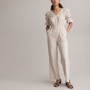 Jumpsuit in linnen en katoen LA REDOUTE COLLECTIONS. Linnen materiaal. Maten 46 FR - 44 EU. Beige kleur