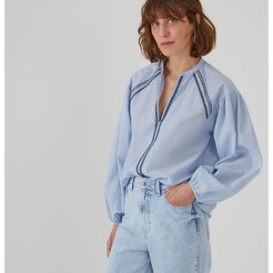 Losse blouse met tuniekhals, borduursels LA REDOUTE COLLECTIONS. Katoen materiaal. Maten 52 FR - 50 EU. Blauw kleur