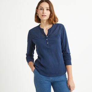 T-shirt met tuniekhals en lange mouwen ANNE WEYBURN. Katoen materiaal. Maten 50/52 FR - 48/50 EU. Blauw kleur