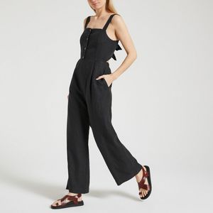 Jumpsuit met schouderbandjes in linnen VERLIN NOIR DES PETITS HAUTS. Linnen materiaal. Maten 0(XS). Zwart kleur