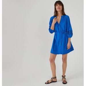 Kort, wijd uitlopende jurk, lange geborduurde mouwen LA REDOUTE COLLECTIONS. Katoen materiaal. Maten 48 FR - 46 EU. Blauw kleur