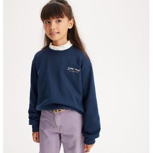Sweater met ronde hals en tekst, in molton LA REDOUTE COLLECTIONS. Geruwd molton materiaal. Maten 3 jaar - 94 cm. Blauw kleur