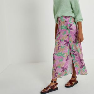 Wijd uitlopende lange rok, bloemenprint LA REDOUTE COLLECTIONS. Polyester materiaal. Maten 48 FR - 46 EU. Roze kleur