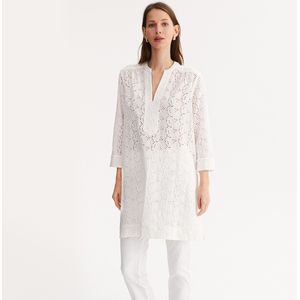 Geborduurde tuniek met Tunesische kraag en 3/4 mouwen ANNE WEYBURN. Katoen materiaal. Maten 40 FR - 38 EU. Wit kleur