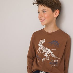 T-shirt met lange mouwen, dinosaurus print LA REDOUTE COLLECTIONS. Katoen materiaal. Maten 12 jaar - 150 cm. Kastanje kleur