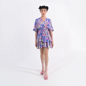 Korte jurk met bloemmotief en V-hals LILI SIDONIO. Viscose materiaal. Maten XL. Blauw kleur