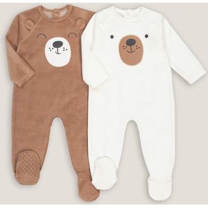 Set van 2 pyjama's in fluweel, beer motief LA REDOUTE COLLECTIONS. Fluweel materiaal. Maten 1 jaar - 74 cm. Beige kleur