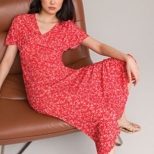 Lange wijd uitlopende jurk, bloemenprint LA REDOUTE COLLECTIONS. Polyester materiaal. Maten 34 FR - 32 EU. Rood kleur