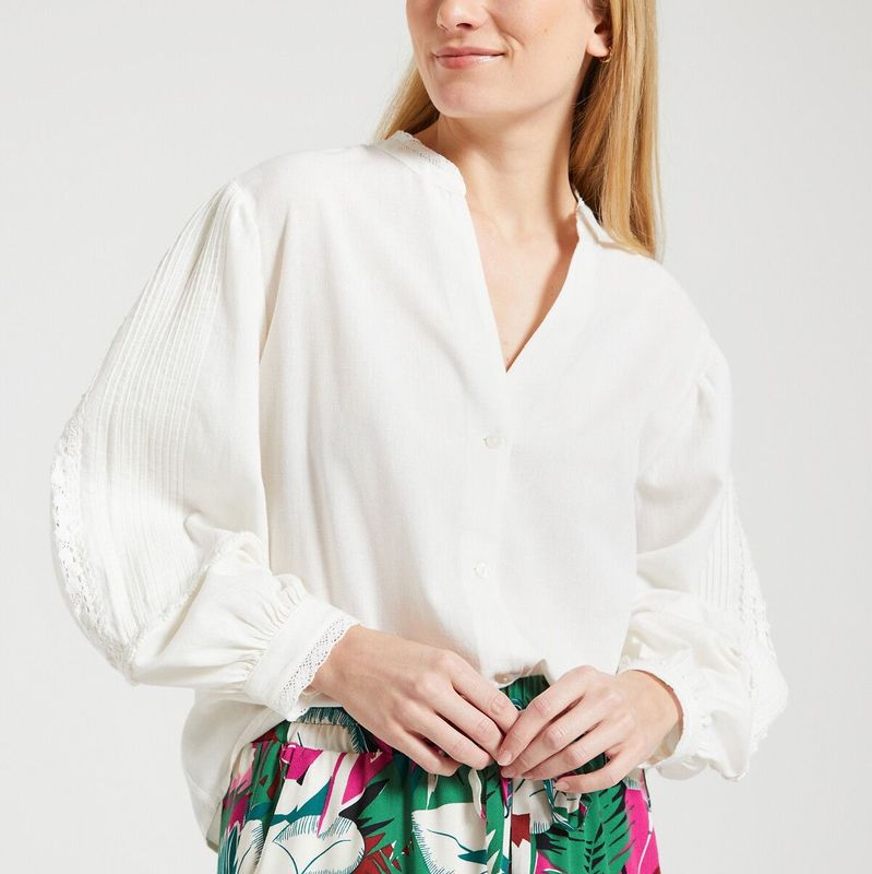 Blouse lange mouwen met borduursels SHILA ECRU DES PETITS HAUTS. Katoen materiaal. Maten 0(XS). Beige kleur