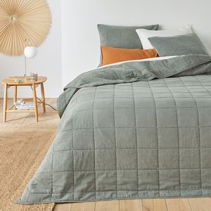 Sparrow - Beddensprei - Kaki Grijs - Gewassen Katoen - Geruit Stiksel