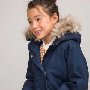 Warme jas met kap, gevoerd in sherpa LA REDOUTE COLLECTIONS. Katoen materiaal. Maten 12 jaar - 150 cm. Blauw kleur