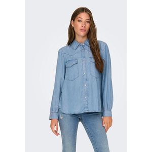 Jeanshemd, lange mouwen ONLY. Tencel/lyocell materiaal. Maten XS. Blauw kleur