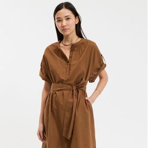 Gestreepte maxi jurk met ronde hals, 3/4 mouwen LA REDOUTE COLLECTIONS. Katoenlinnen materiaal. Maten M. Kastanje kleur