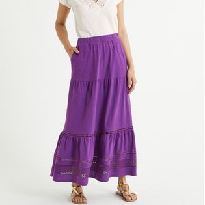 Lange rok in tricot, onderkant met volant ANNE WEYBURN. Katoen materiaal. Maten 54 FR - 52 EU. Violet kleur