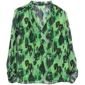 Bedrukte soepele blouse, opstaande kraag, 3/4 mouwen IKKS. Polyester materiaal. Maten 40 FR - 38 EU. Blauw kleur
