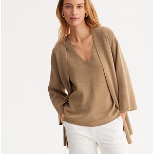 Lange cardicool in fijn iriserend tricot ANNE WEYBURN. Viscose materiaal. Maten 42/44 FR - 40-42 EU. Beige kleur