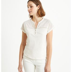 T-shirt met tuniekhals en korte mouwen ANNE WEYBURN. Katoen materiaal. Maten 42/44 FR - 40-42 EU. Wit kleur