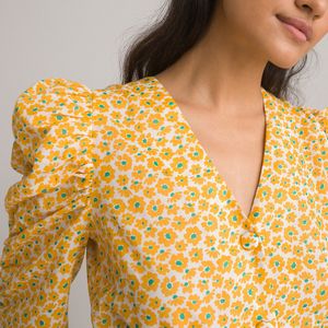 Blouse met ronde hals, bloemenprint en korte mouwen LA REDOUTE COLLECTIONS. Katoen materiaal. Maten 36 FR - 34 EU. Groen kleur