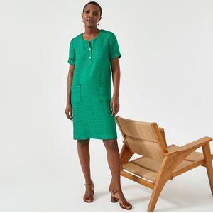 Rechte jurk in tweed, halflang, korte mouwen ANNE WEYBURN. Polyester materiaal. Maten 42 FR - 40 EU. Groen kleur