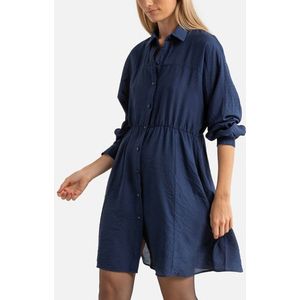 Korte jurk in satijn met jacquard motief, hemdskraag SEE U SOON. Viscose materiaal. Maten 4(XL). Blauw kleur