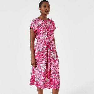 Wijd uitlopende jurk, bloemenprint, halflang ANNE WEYBURN. Polyester materiaal. Maten 38 FR - 34 EU. Roze kleur