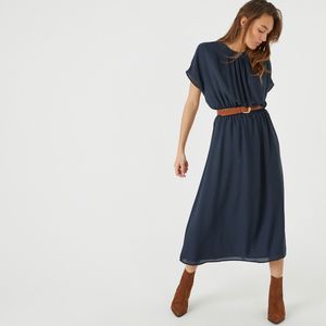 Wijd uitlopende lange jurk, elastische taille met smok LA REDOUTE COLLECTIONS. Polyester materiaal. Maten 36 FR - 34 EU. Blauw kleur