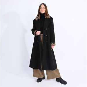 Lange mantel met knoopsluiting, luipaard details MOLLY BRACKEN. Polyester materiaal. Maten XS. Zwart kleur