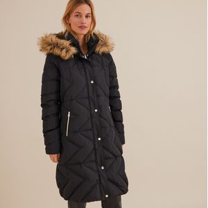 Lange donsjas met kap, volop winter ANNE WEYBURN. Polyester materiaal. Maten 36 FR - 34 EU. Zwart kleur