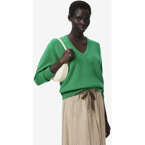 Effen trui met V-hals in wol LACOSTE. Wol materiaal. Maten 44 FR - 42 EU. Groen kleur