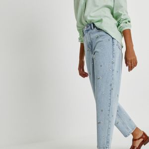 Mom jeans met geborduurde bloemen, hoge taille LA REDOUTE COLLECTIONS. Denim materiaal. Maten 42 FR - 40 EU. Blauw kleur