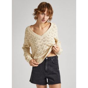 Trui in ajour tricot, V-hals PEPE JEANS. Katoen materiaal. Maten M. Beige kleur