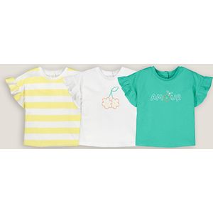 Set van 3 T-shirts met korte mouwen met volants LA REDOUTE COLLECTIONS. Katoen materiaal. Maten 6 mnd - 67 cm. Groen kleur