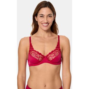 Omsluitende BH Elegance Broderie PLAYTEX. Polyamide materiaal. Maten 95E FR - 80E EU. Rood kleur