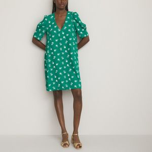 Wijd uitlopende jurk, V-hals, korte mouwen, bedrukt LA REDOUTE COLLECTIONS. Polyester materiaal. Maten 38 FR - 36 EU. Groen kleur