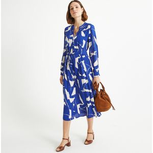 Lange rechte jurk met grafische print ANNE WEYBURN. Viscose materiaal. Maten 42 FR - 40 EU. Blauw kleur