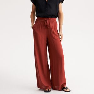 Wijde broek in crêpe ANNE WEYBURN. Viscose materiaal. Maten 44 FR - 42 EU. Kastanje kleur