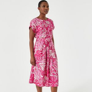 Wijd uitlopende jurk, bloemenprint, halflang ANNE WEYBURN. Polyester materiaal. Maten 54 FR - 52 EU. Roze kleur