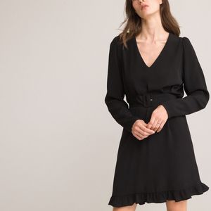 Korte wijde jurk met lange mouwen LA REDOUTE COLLECTIONS. Viscose materiaal. Maten 42 FR - 40 EU. Zwart kleur