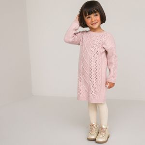 Rechte trui-jurk met lange mouwen, kabeltricot LA REDOUTE COLLECTIONS. Acryl materiaal. Maten 3 jaar - 94 cm. Roze kleur