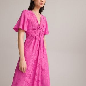 Lange jurk, gekruist vooraan, in jacquard stof LA REDOUTE COLLECTIONS. Viscose materiaal. Maten 44 FR - 42 EU. Roze kleur